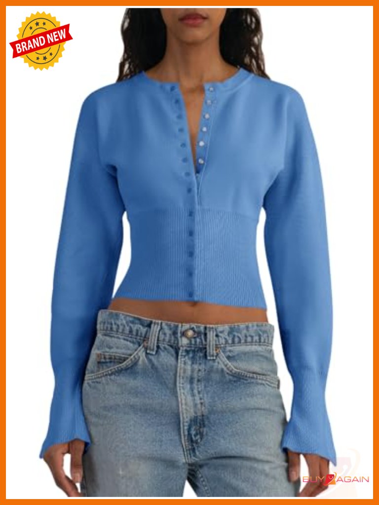 Cropped Sweater Button Down V Neck Ribbed Knit Slim Fit Pullover Top